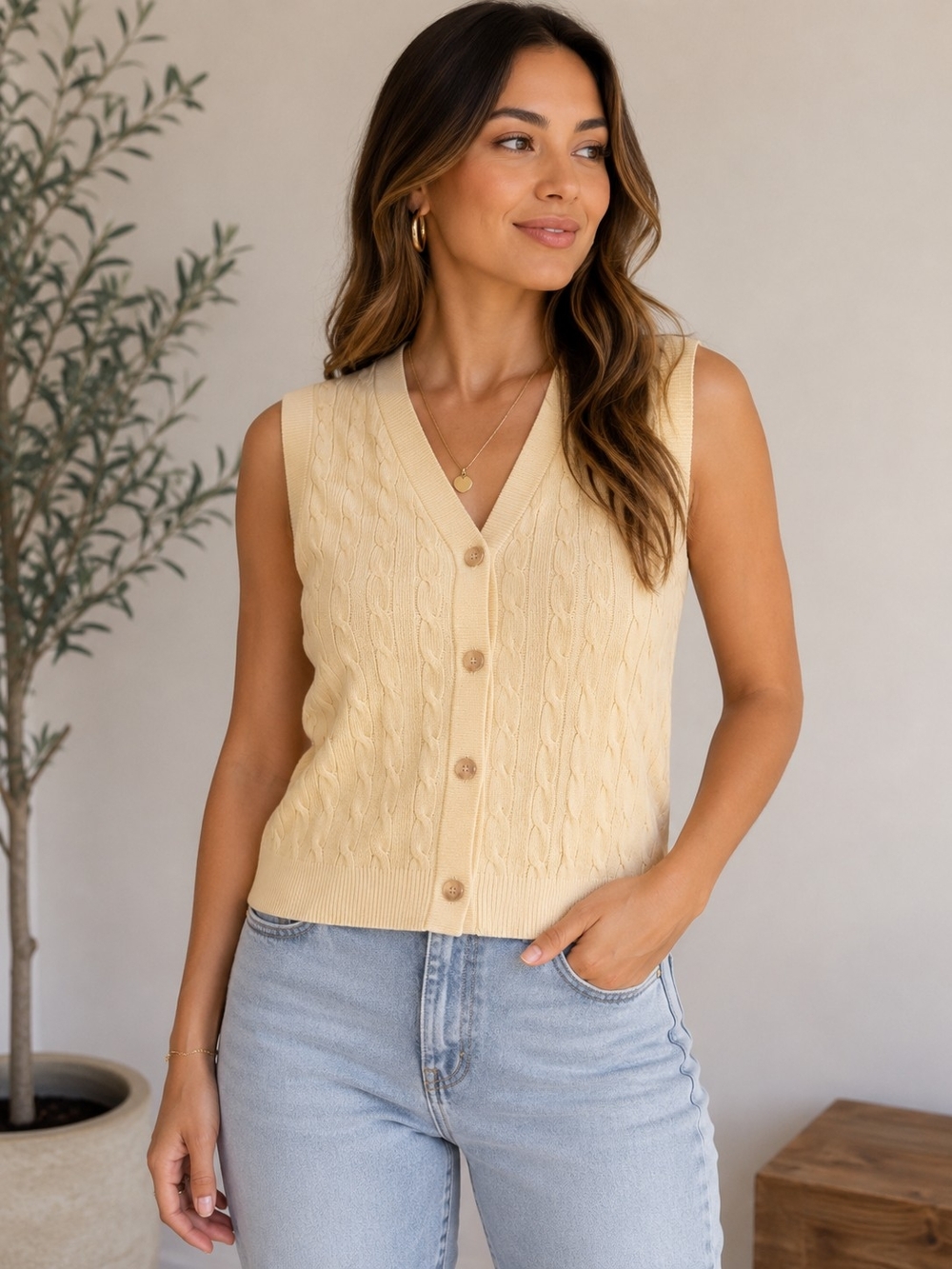 Sleeveless Cable Knit Button Vest - Creamy Yellow